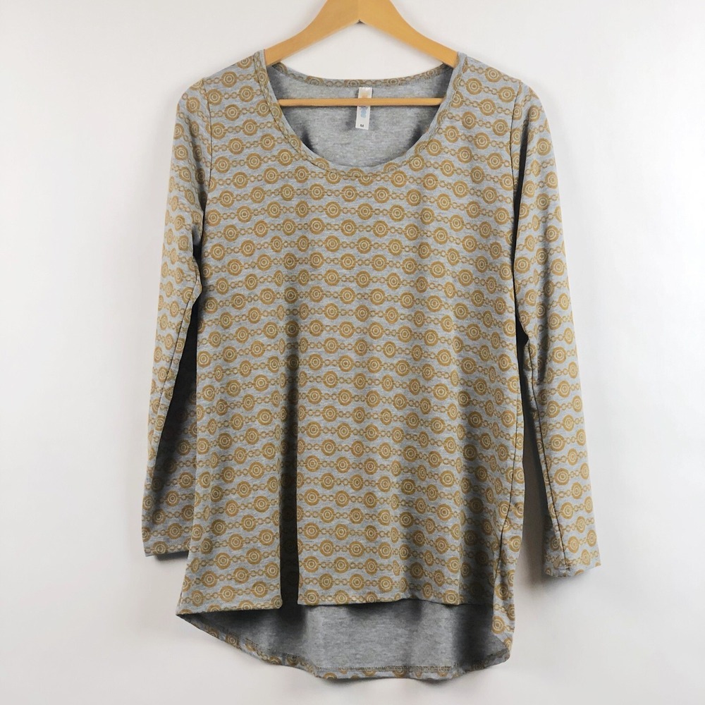 Lularoe Lynnae Tee Womens Medium Gray‎ Gold Chain Print Trendy Lightweight